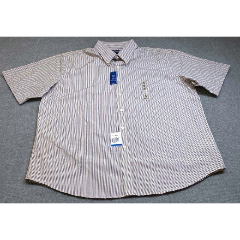 NWT Dockers Button Up Shirt Mens XL Blue Tan Striped Short Sleeve Stain Defender